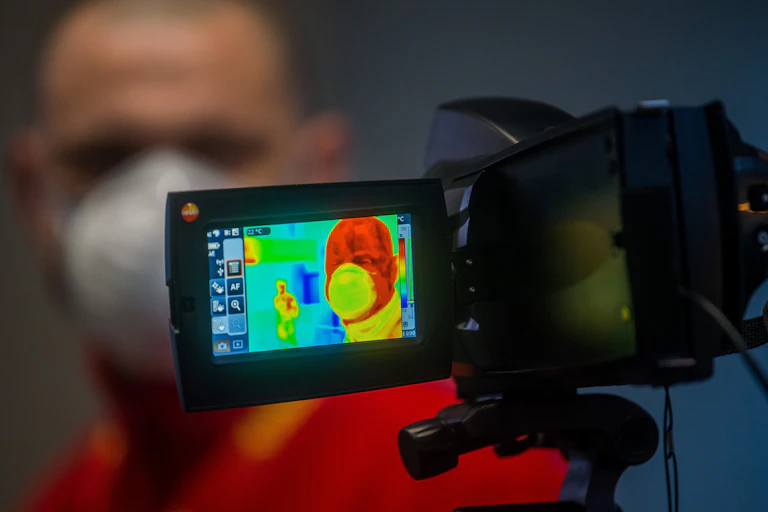 A man has his temperature taken with an infrared thermal camera.