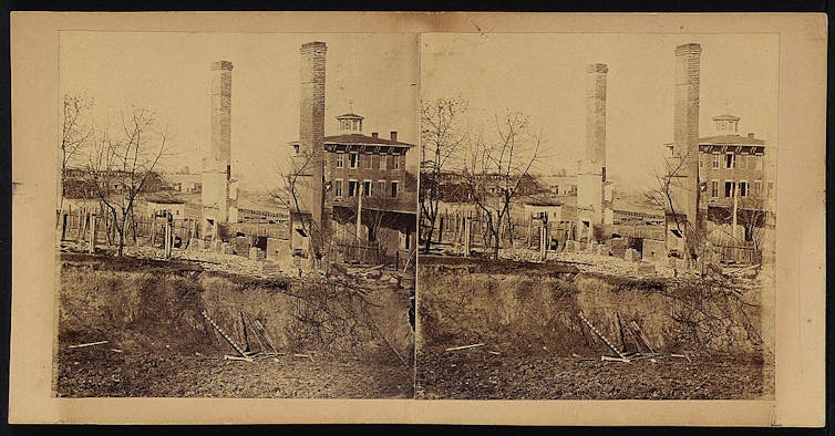 An 1864 photo of Atlanta, showing chimney stacks where buildings used to be.