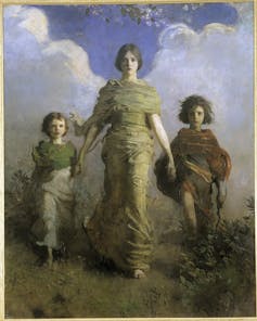 The artist painted his three children outdoors forging ahead vigorously.