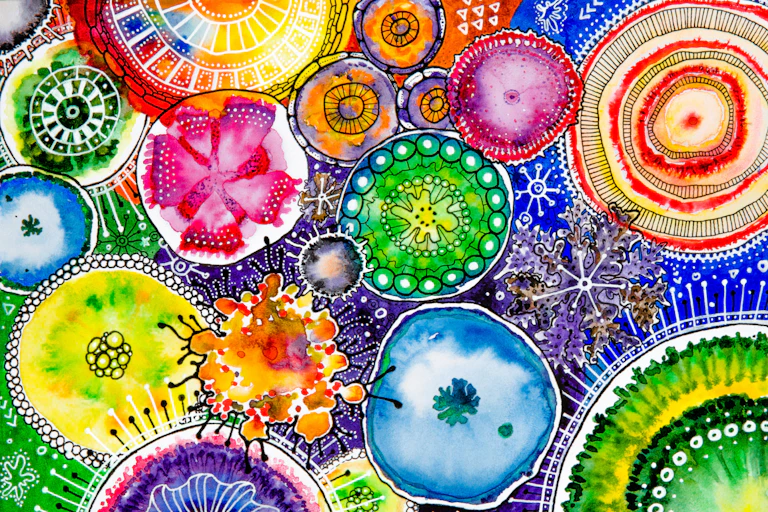 A watercolour depicting multi-coloured microbes.