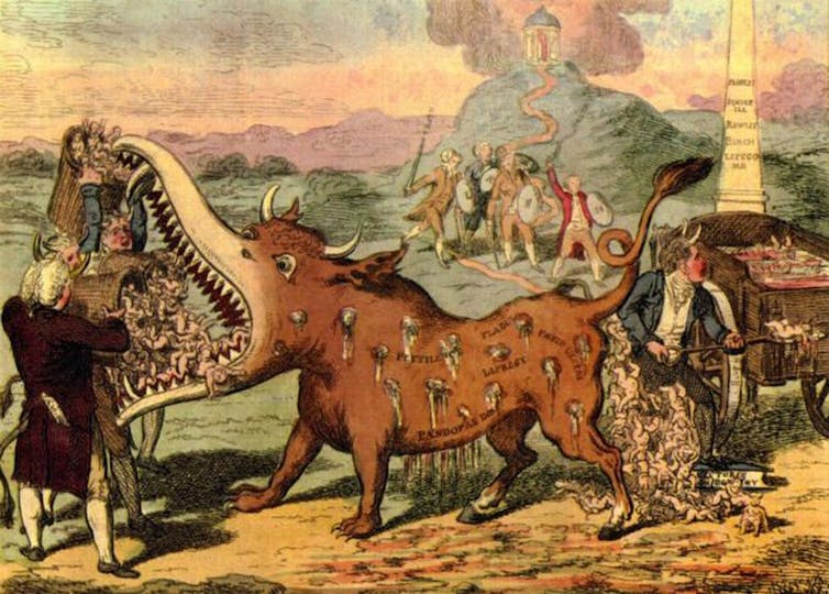 Cartoon of children being fed to a disease-ridden cow creature, representing vaccination.