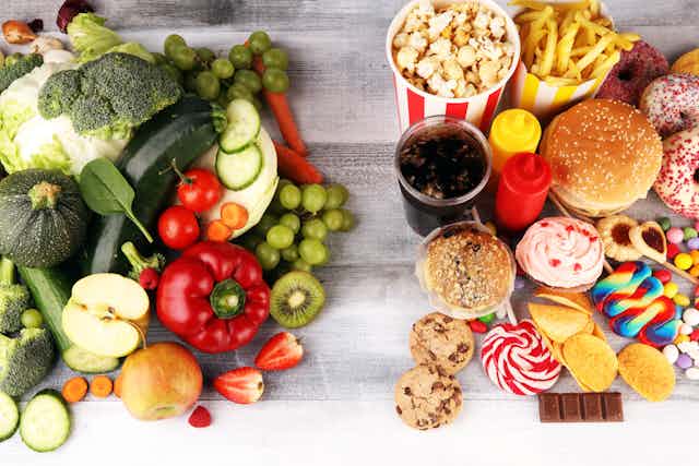 Healthy food next to junk food.