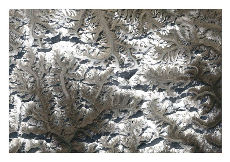 Satellite photograph showing glaciers in Nepal