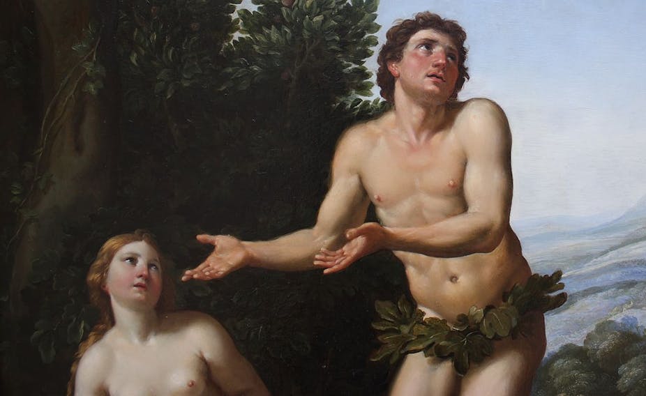 Dieu réprimandant Adam et Eve, peinture, détail