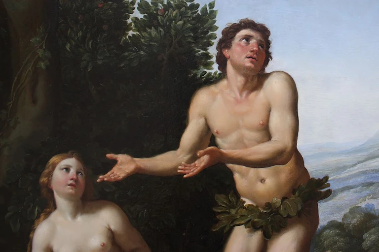Dieu réprimandant Adam et Eve, peinture, détail