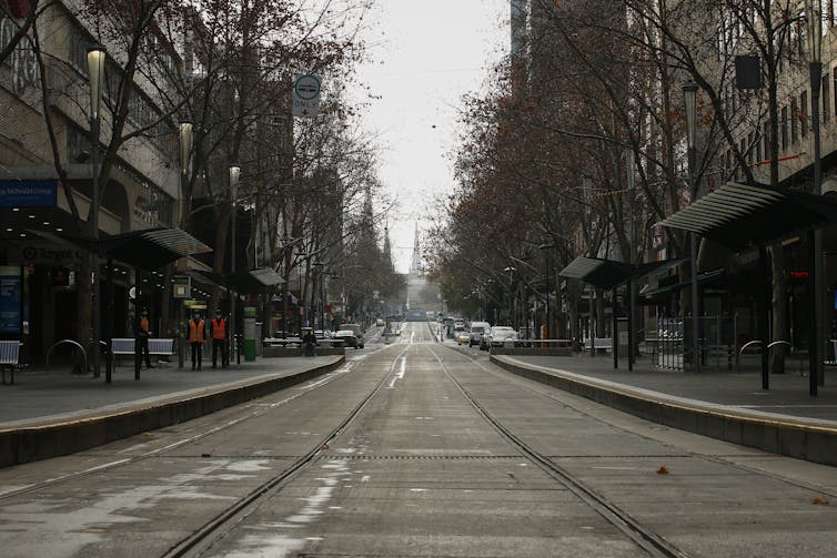 Deserted Bourke Street in central Melbourne