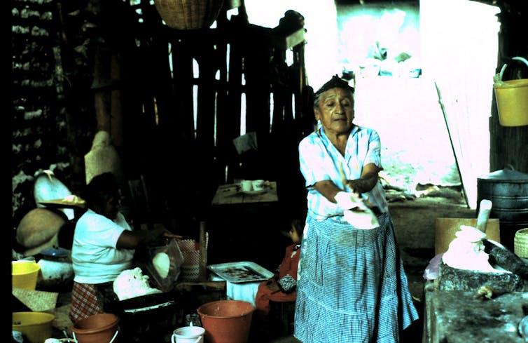 Woman prepares cornmeal for tortillas