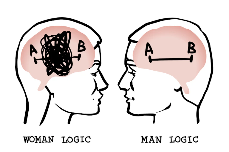 Picture of a man and a woman suggesting females can't think logically.