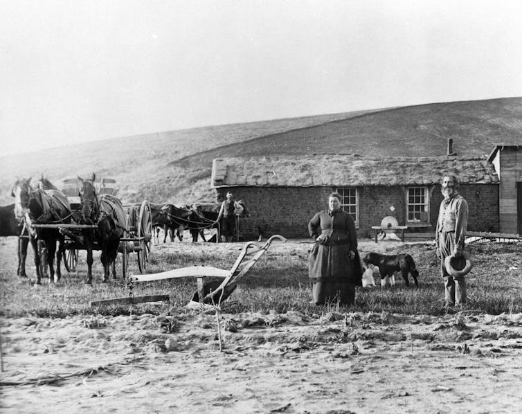 Men, a woman and some horses stand outside a sod home.