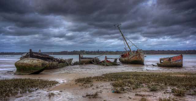 Several abandoned boats lie in the mud in a river estuary.