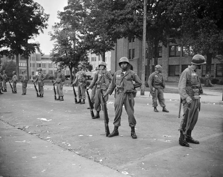 Armed federal troops in Little Rock, Arkansas.