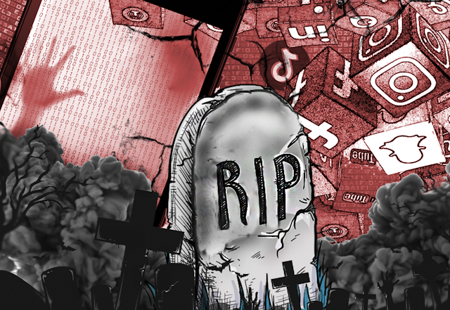 Cartoon of tombstone surrounded by social media icons