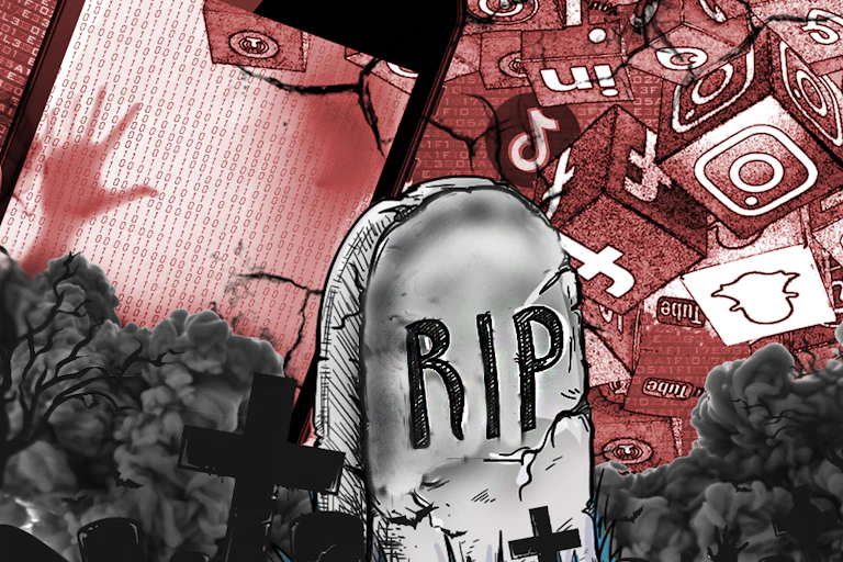 Cartoon of tombstone surrounded by social media icons