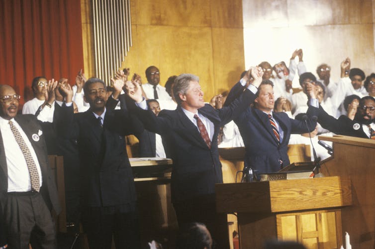Bill Clinton and Al Gore at a Black Church service during the 1992 presidential campaign.