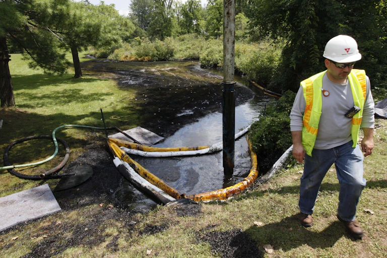 A worker stands on the bank of a creek covered in oil.