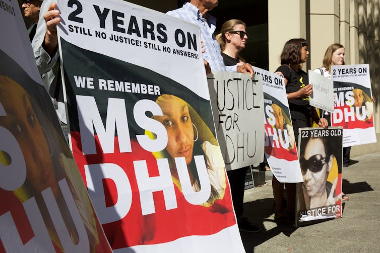 Supporters of Ms Dhu outside a coroner's court.