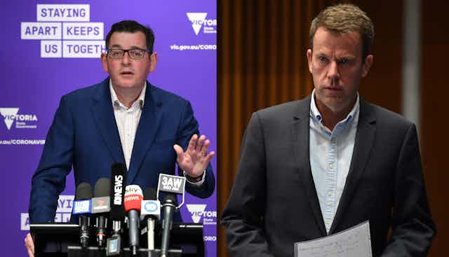 Daniel Andrews on the left, behind the microphone; Dan Tehan on the right, holding speaking notes