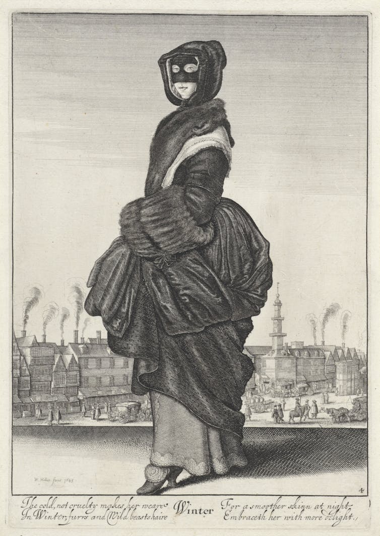 17th century engraving of woman wearing black eye mask and period clothing.