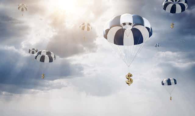 Parachutes dropping dollars from the sky.