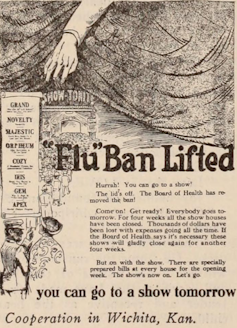 Una edición de 1918 de Motion Picture News anuncia el levantamiento de la 'prohibición de la gripe'.