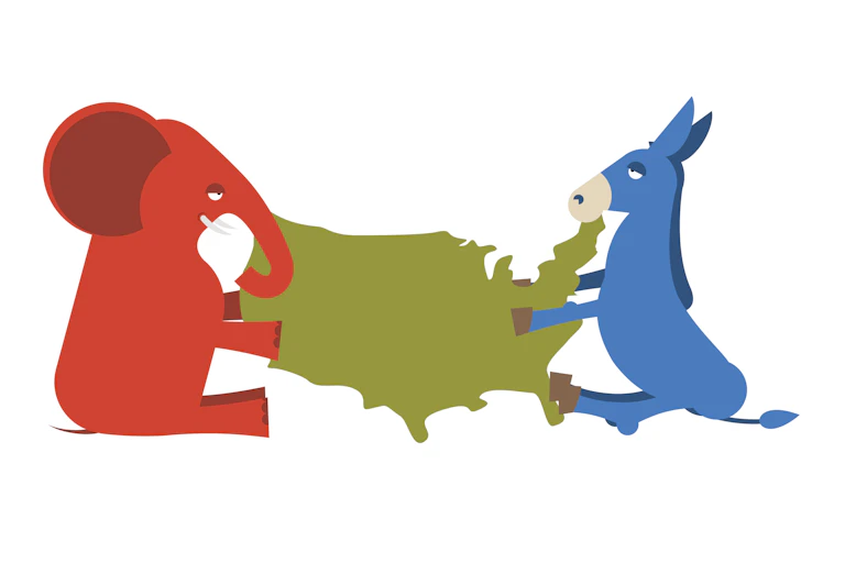 A donkey and an elephant with a map of the United States between them