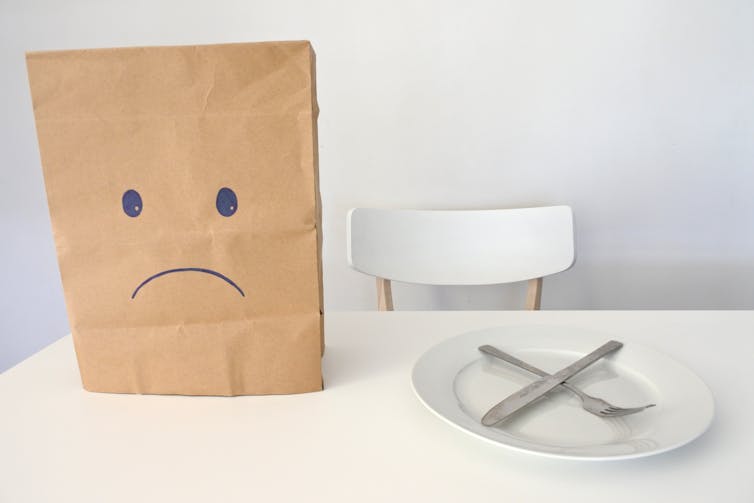 Paper bag with frowning face next to empty plate and cutlery.