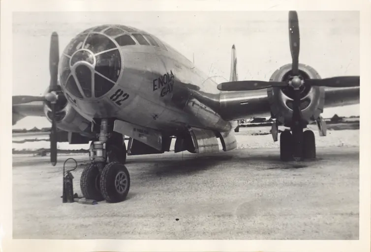 Enola Gay, US bomber, dropped first atom bomb to end the second world war.