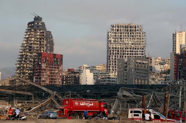 Damaged buildings after a massive explosion in Beirut Port.