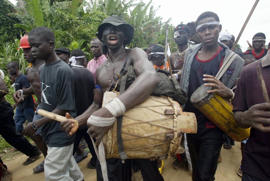 Ijaw youths beat drums in Kaiama, Bayelsa State during a carnival