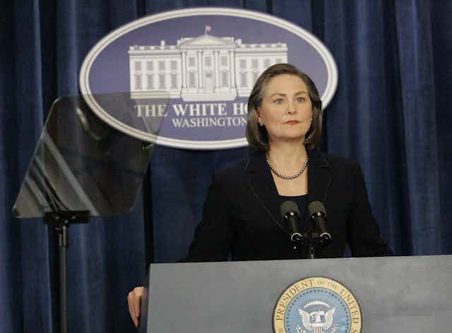 President Allison Taylor, played by actress Cherry Jones, stands at a podium in an episode of '24.'