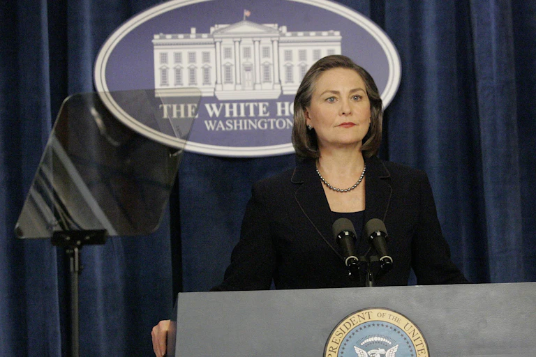 President Allison Taylor, played by actress Cherry Jones, stands at a podium in an episode of '24.'