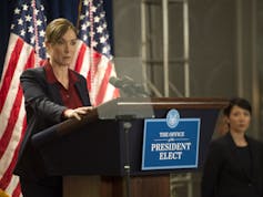 President Elizabeth Keane, played by actress Elizabeth Marvel, stands at a podium in an episode of 'Homeland.'
