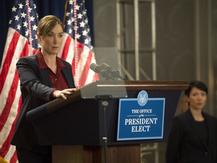 President Elizabeth Keane, played by actress Elizabeth Marvel, stands at a podium in an episode of 'Homeland.'