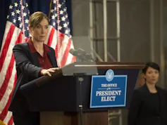 President Elizabeth Keane, played by actress Elizabeth Marvel, stands at a podium in an episode of 'Homeland.'