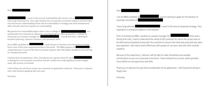 Images of two cover letters for a job application, one written by a real MBA student, the other by artificial intelligence.
