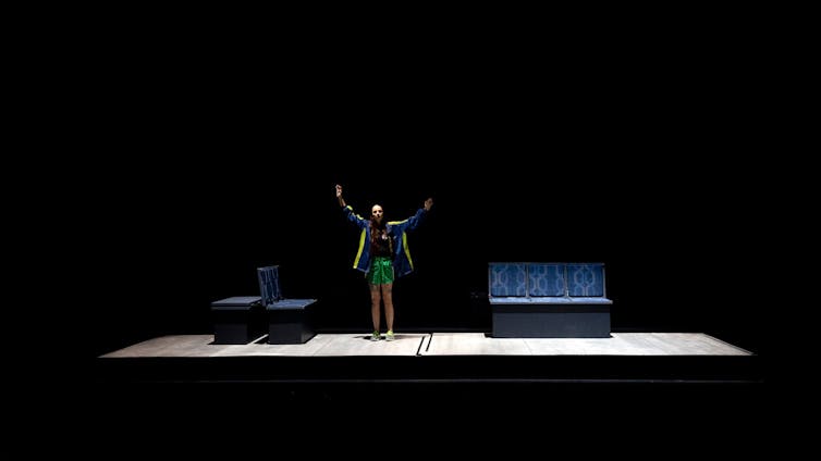 Girl on stage set of train interior