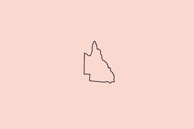 Blush pink graphic with an outline of Queensland