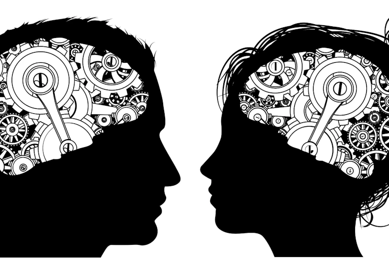 Silhouettes of a male and female head facing each other with brains made of cogs