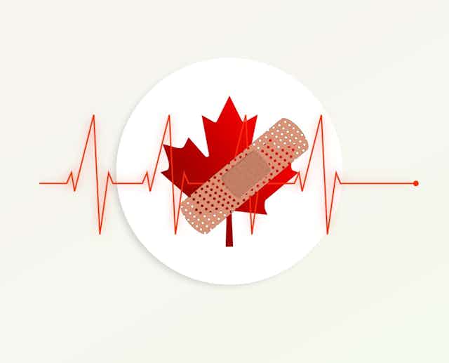 A maple leaf with a bandaid and an electrocardiogram line superimposed