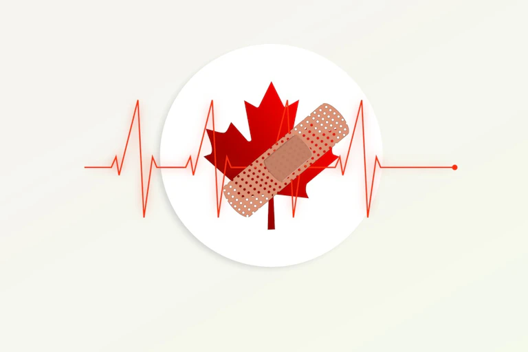 A maple leaf with a bandaid and an electrocardiogram line superimposed