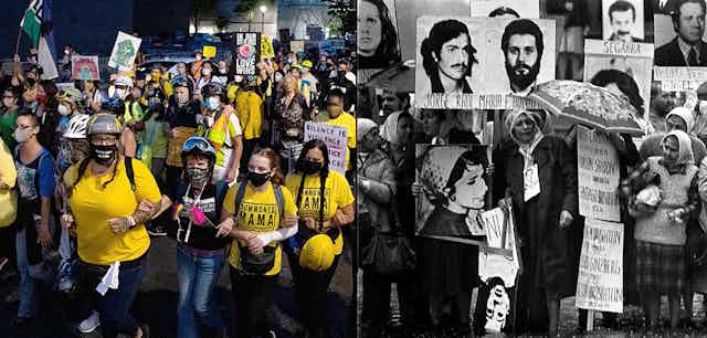 Two images- wall of moms, wearing bright yellow marching down the street during the Black Lives Matter protests in Portland, Oregon, and a second black and white image of the Madres de Plaza de Mayo in Argentina holding up pictures of lost sons and husbands.