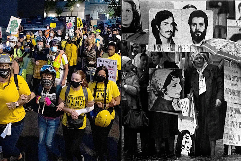 Two images- wall of moms, wearing bright yellow marching down the street during the Black Lives Matter protests in Portland, Oregon, and a second black and white image of the Madres de Plaza de Mayo in Argentina holding up pictures of lost sons and husbands.