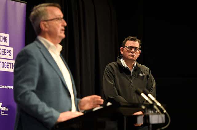 Victorian Premier Daniel Andrews and Mental Health Minister Martin Foley at Sunday's COVID-19 briefing.