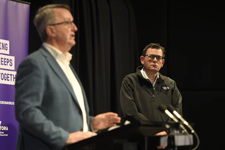 Victorian Premier Daniel Andrews and Mental Health Minister Martin Foley at Sunday's COVID-19 briefing.