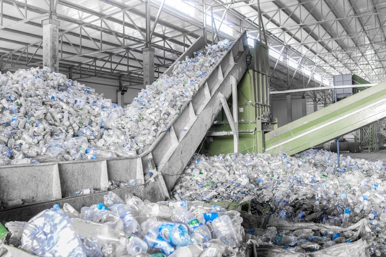 A pile of plastic bottles being processed at a factory.