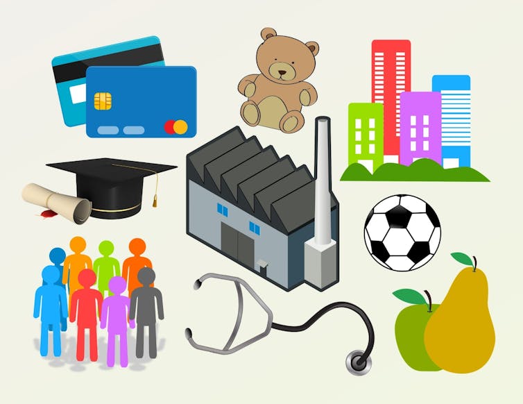 Collage showing credit cards, mortarboard and diploma, group of people, stethoscope, factory, fruit, soccer ball, teddy bear and urban buildings.
