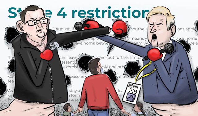 Puppets of Dan Andrews and a journalist fight it out on a backdrop of Stage 4 restrictions, punching holes in the regulations while a confused Victorian family looks on.