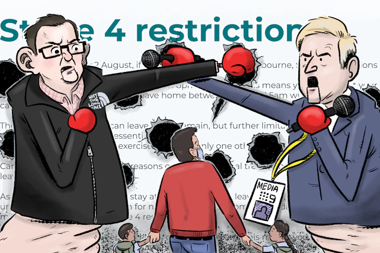 Puppets of Dan Andrews and a journalist fight it out on a backdrop of Stage 4 restrictions, punching holes in the regulations while a confused Victorian family looks on.