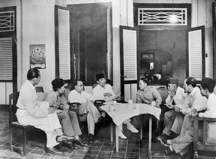 Soekarno (fourth from left) and Hatta (third from left) in Rengasdengklok.