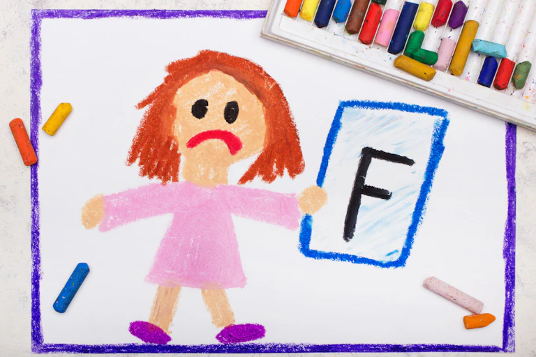 Child's drawing of sad little girl holding up an F grade